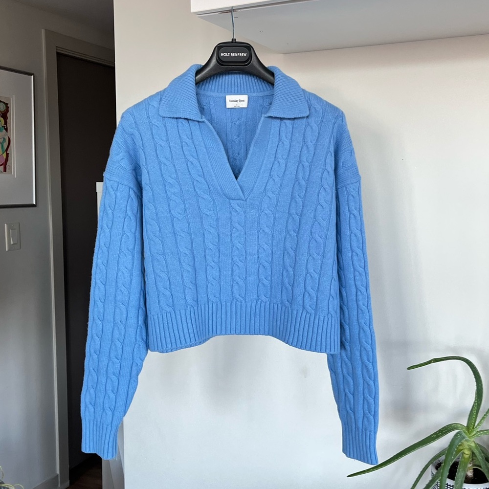 Aritzia Sunday Best Lottie Blue Merino Wool Relaxed Polo Cotagecore Sweater SzS - Picture 8 of 17